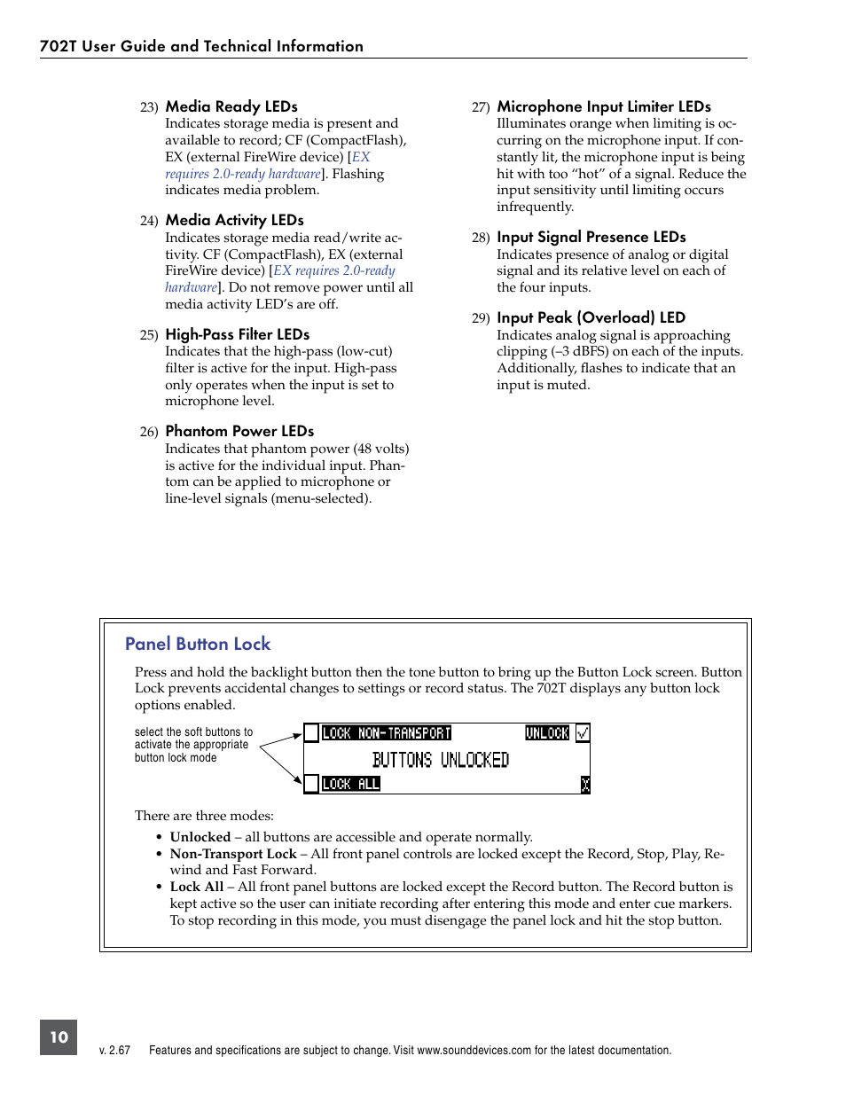 Panel button lock | Sound Devices 702T User Manual | Page 12 / 84