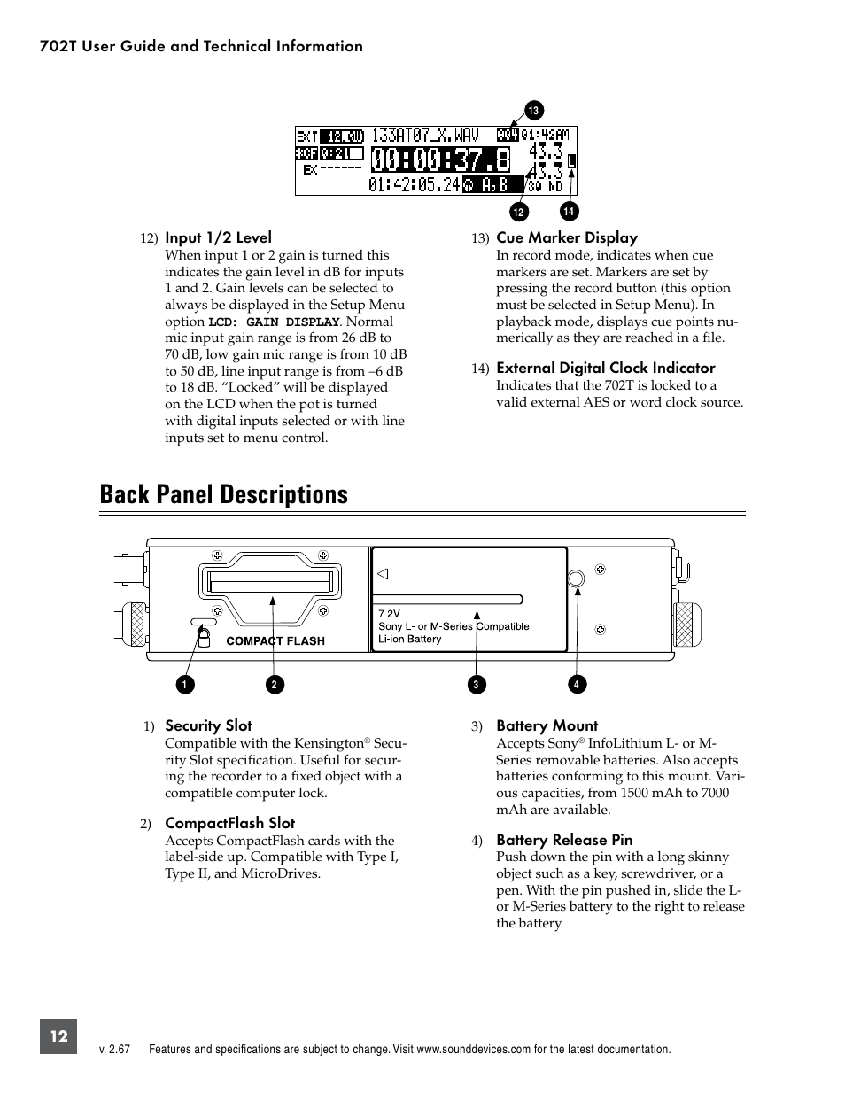 Back panel descriptions | Sound Devices 702T User Manual | Page 14 / 84
