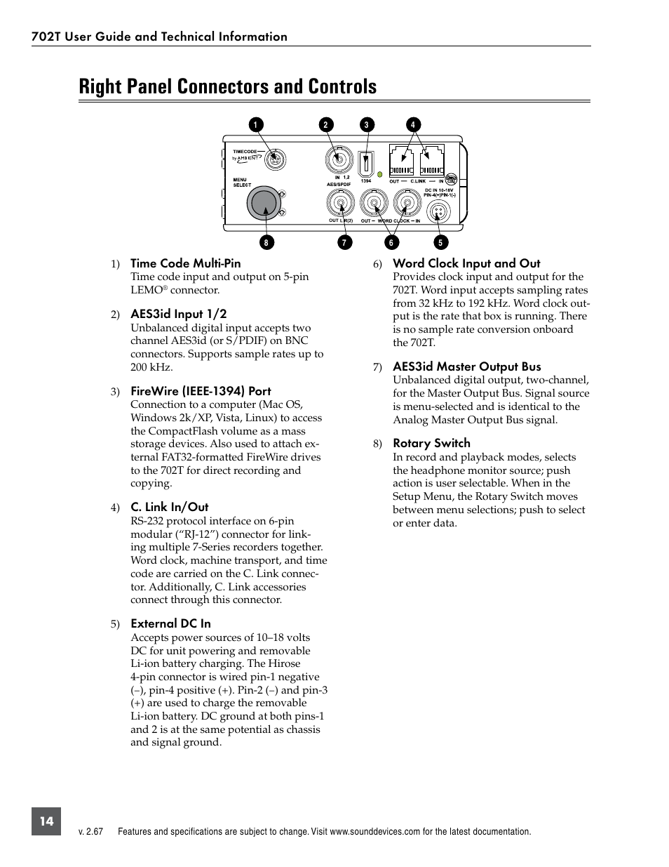 Right panel connectors and controls | Sound Devices 702T User Manual | Page 16 / 84