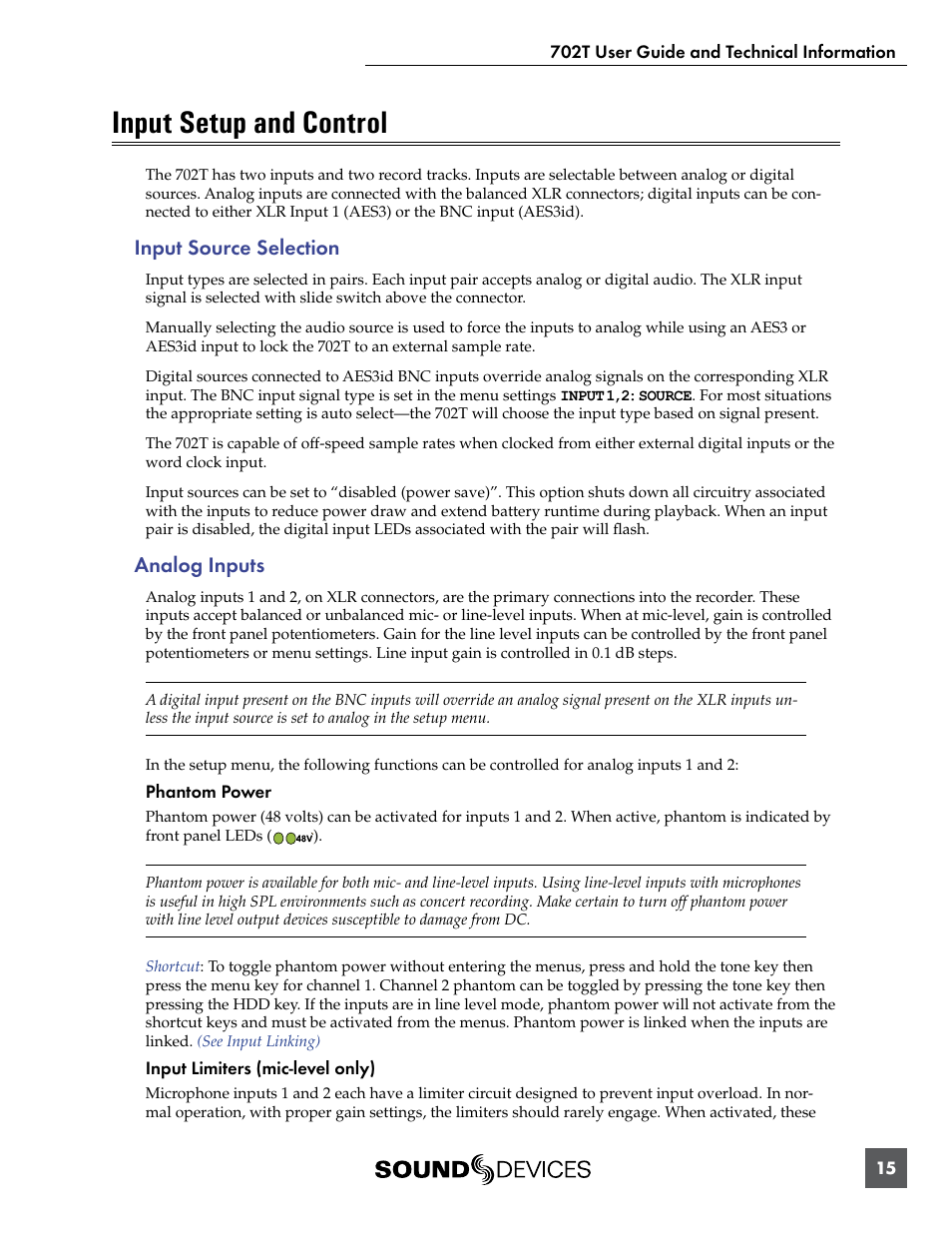 Input setup and control, Input source selection, Analog inputs | Input source selection analog inputs | Sound Devices 702T User Manual | Page 17 / 84