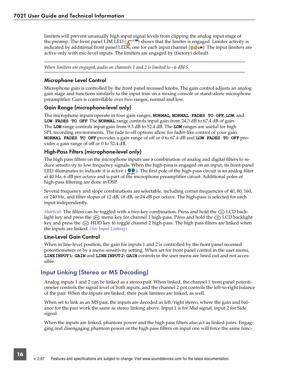 Input linking (stereo or ms decoding) | Sound Devices 702T User Manual | Page 18 / 84