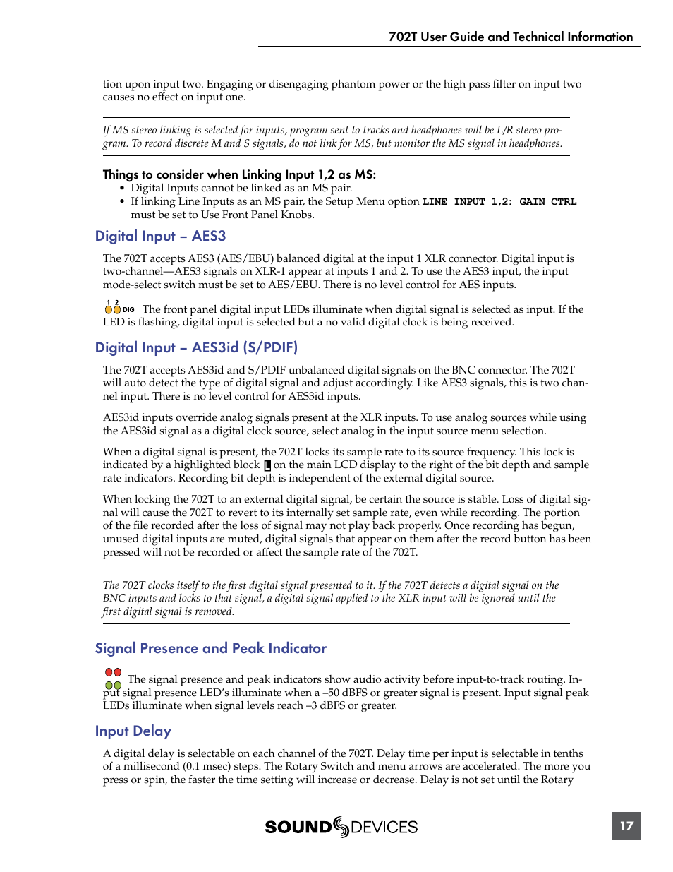 Digital input – aes3, Digital input – aes3id (s/pdif), Signal presence and peak indicator | Input delay | Sound Devices 702T User Manual | Page 19 / 84