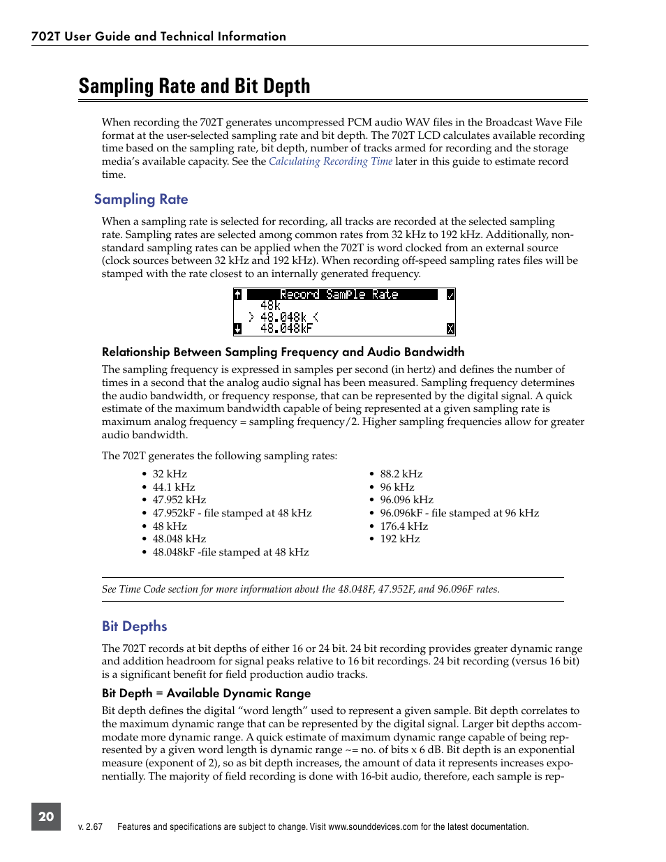 Sampling rate and bit depth, Sampling rate, Bit depths | Sound Devices 702T User Manual | Page 22 / 84