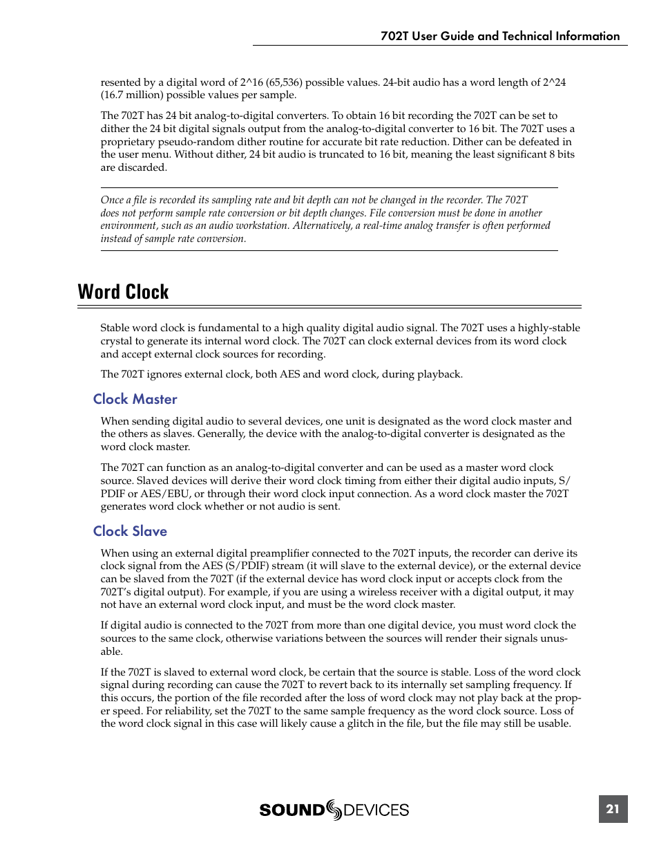Word clock, Clock master, Clock slave | Clock master clock slave | Sound Devices 702T User Manual | Page 23 / 84