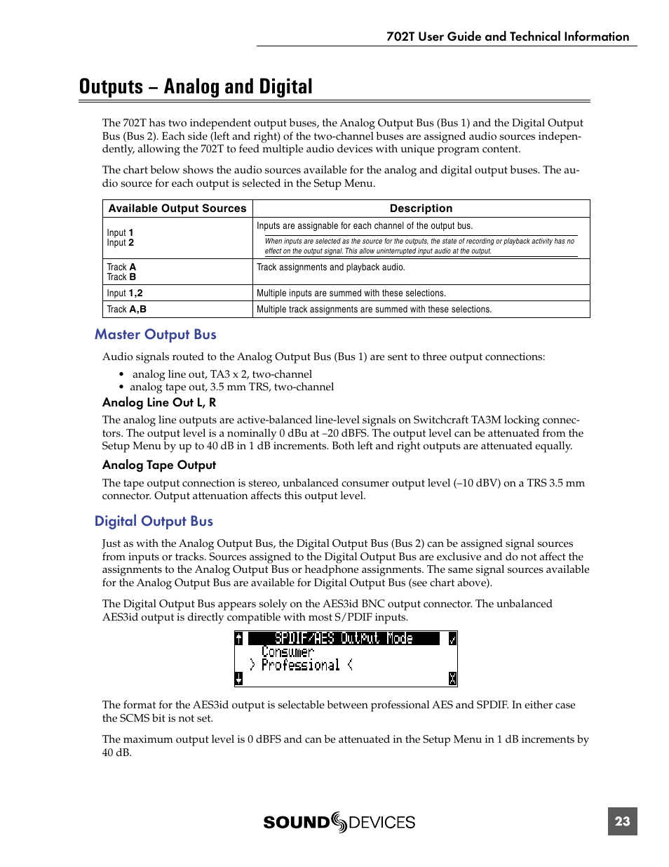 Outputs – analog and digital, Master output bus, Digital output bus | Master output bus digital output bus | Sound Devices 702T User Manual | Page 25 / 84