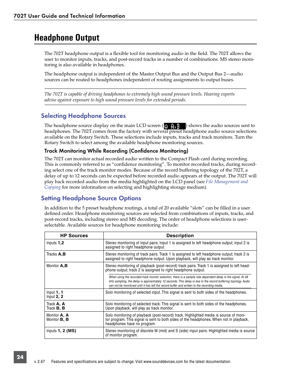 Headphone output, Selecting headphone sources, Setting headphone source options | Sound Devices 702T User Manual | Page 26 / 84