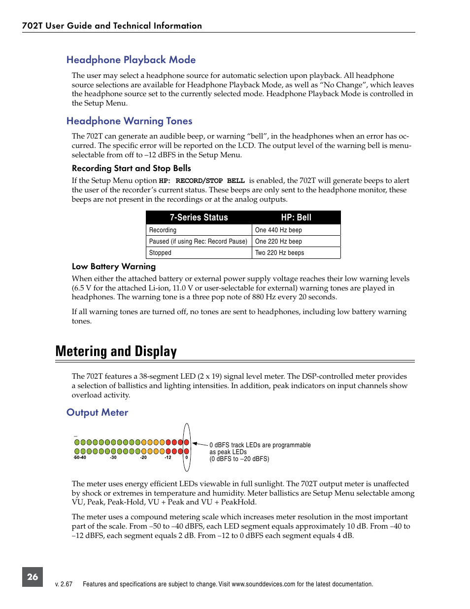 Headphone playback mode, Headphone warning tones, Metering and display | Output meter, Headphone playback mode headphone warning tones | Sound Devices 702T User Manual | Page 28 / 84