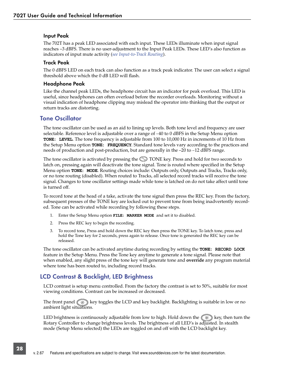 Tone oscillator, Lcd contrast & backlight, led brightness | Sound Devices 702T User Manual | Page 30 / 84
