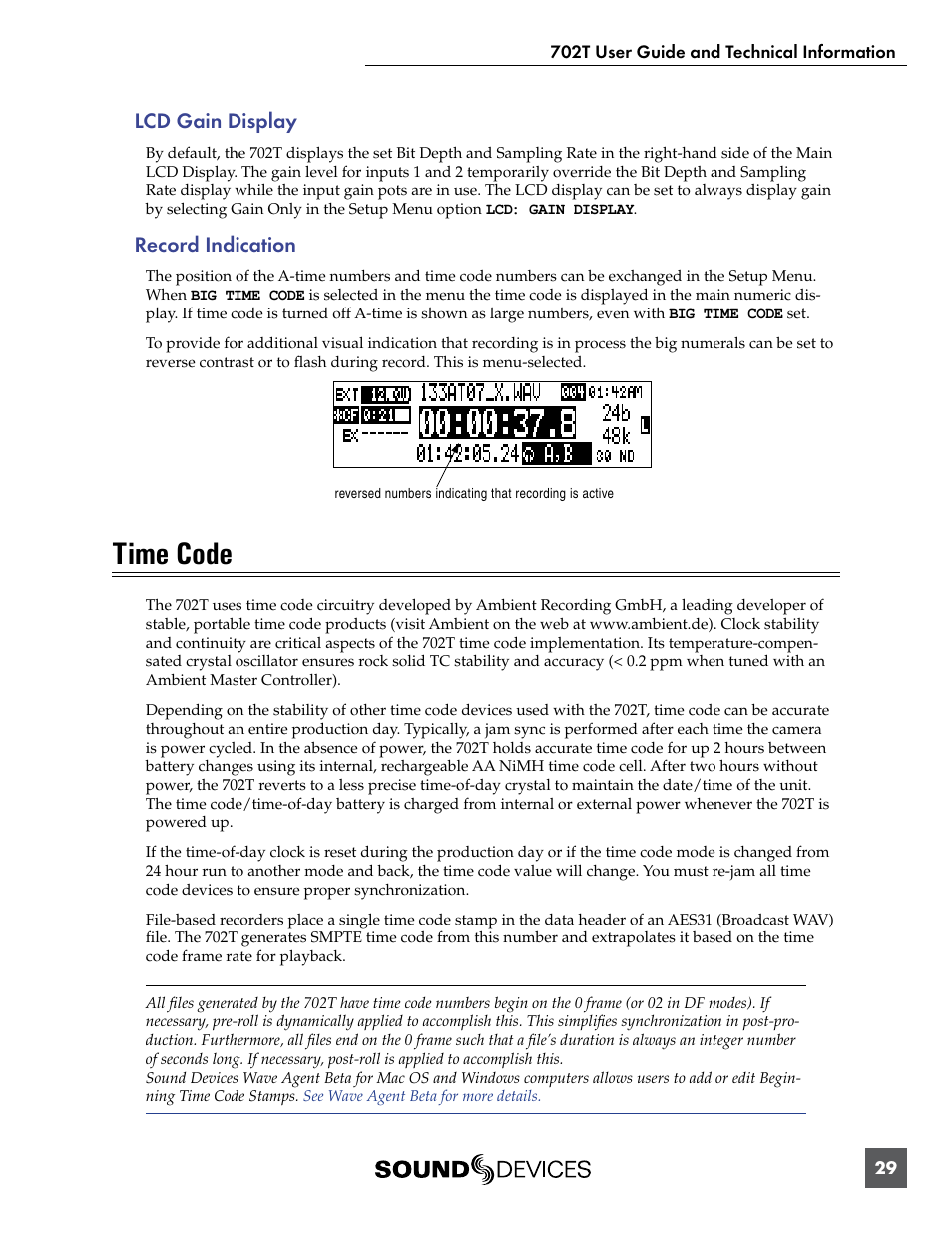 Lcd gain display, Record indication, Time code | Lcd gain display record indication | Sound Devices 702T User Manual | Page 31 / 84