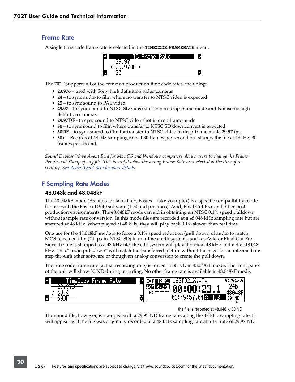 Frame rate, F sampling rate modes, Frame rate f sampling rate modes | Sound Devices 702T User Manual | Page 32 / 84