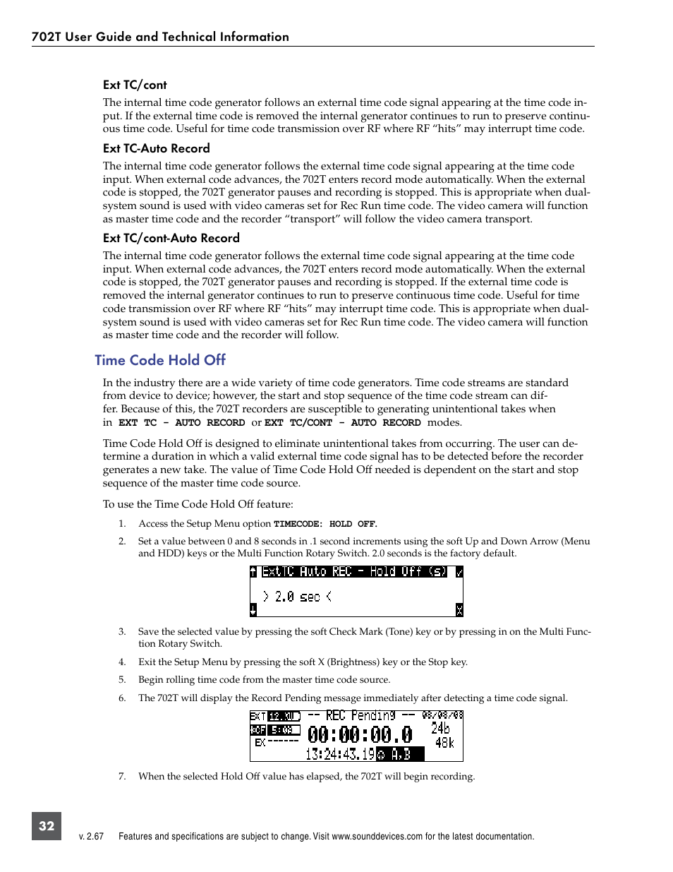 Time code hold off | Sound Devices 702T User Manual | Page 34 / 84