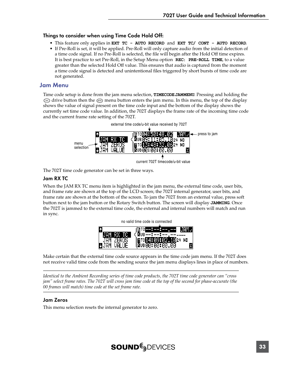 Jam menu | Sound Devices 702T User Manual | Page 35 / 84