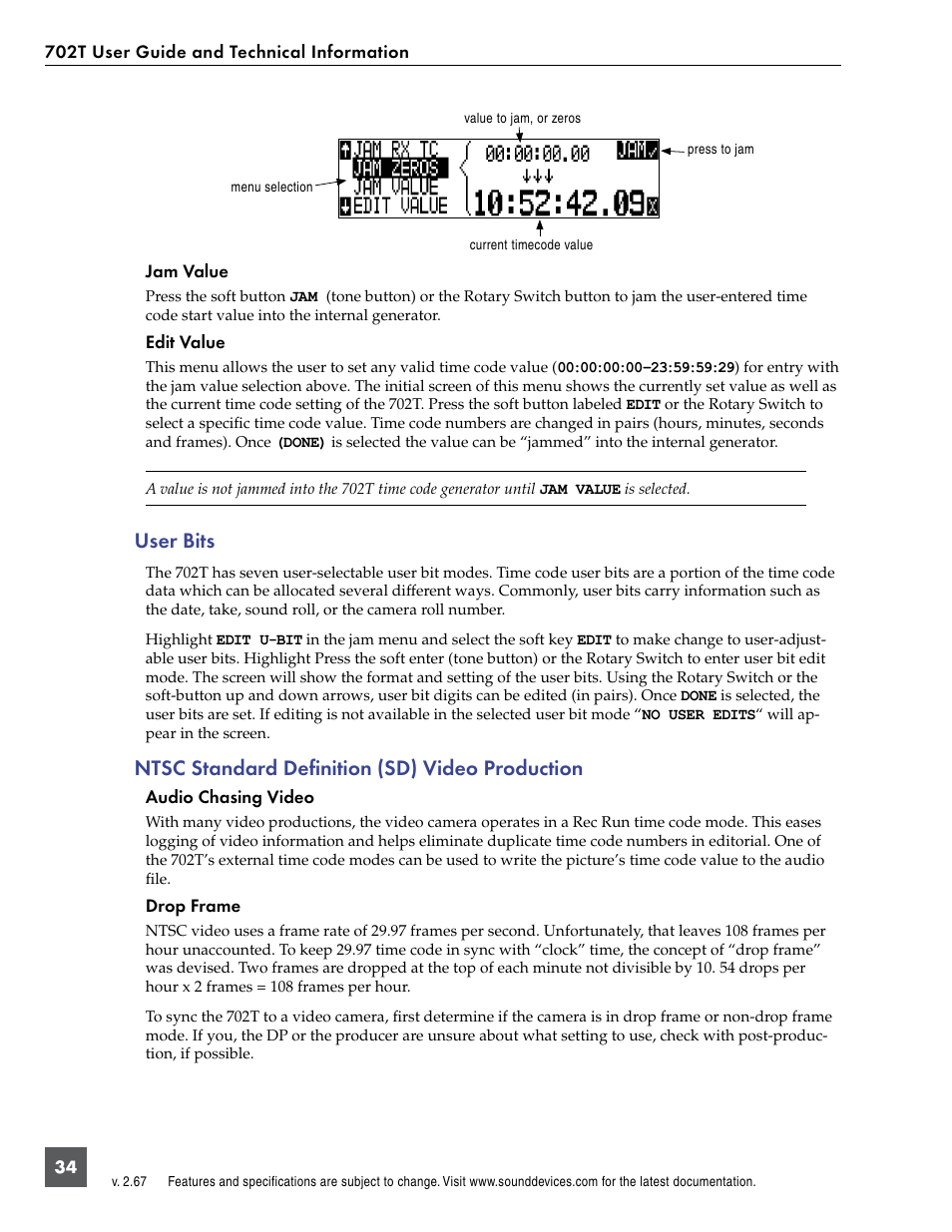 User bits, Ntsc standard definition (sd) video production | Sound Devices 702T User Manual | Page 36 / 84