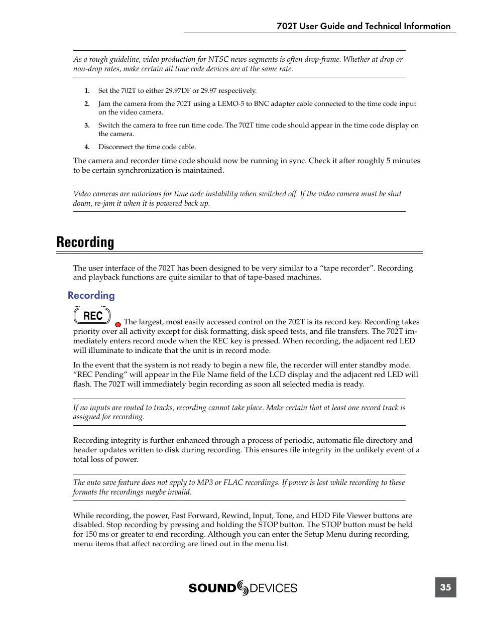 Recording | Sound Devices 702T User Manual | Page 37 / 84