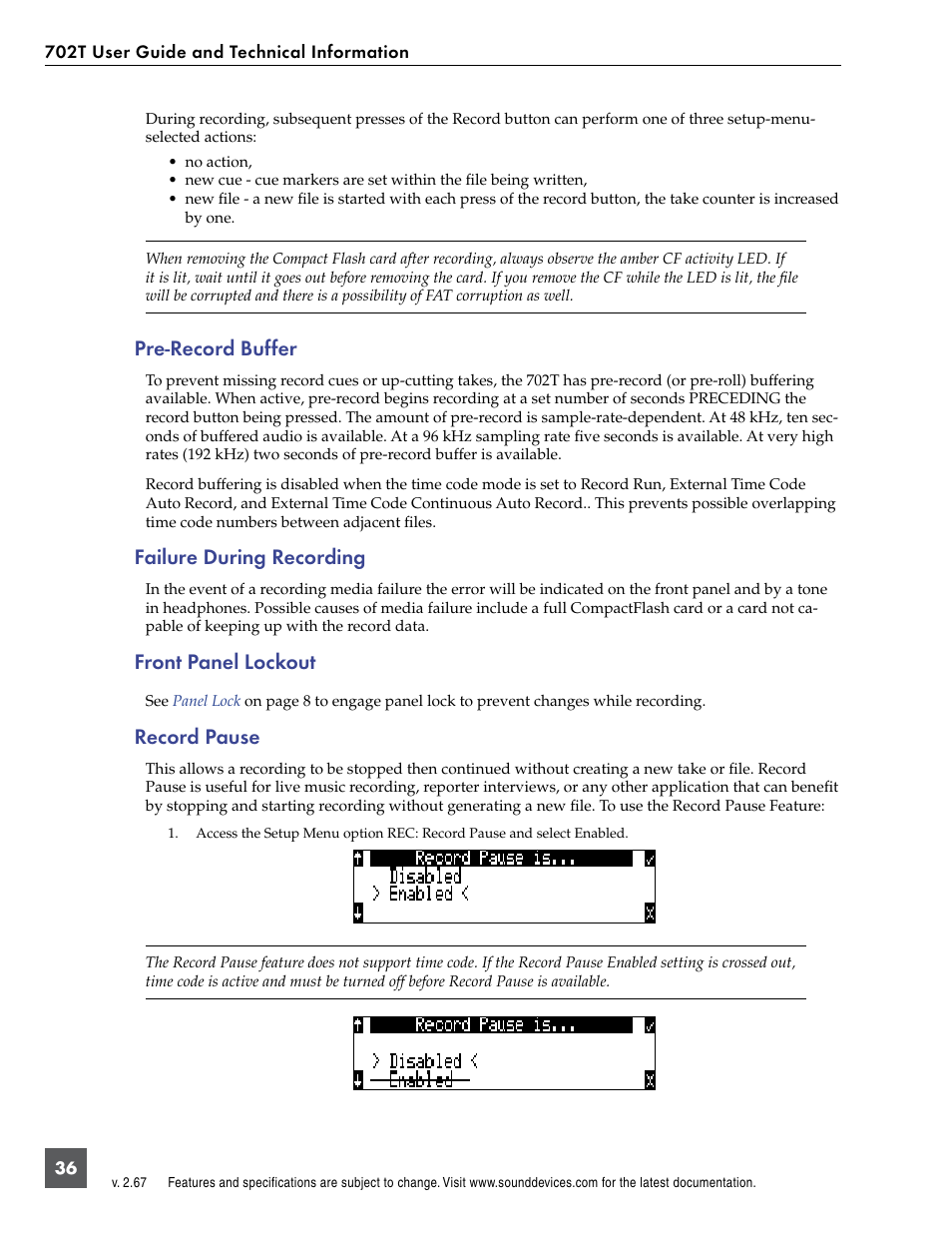 Pre-record buffer, Failure during recording, Record pause | Front panel lockout | Sound Devices 702T User Manual | Page 38 / 84