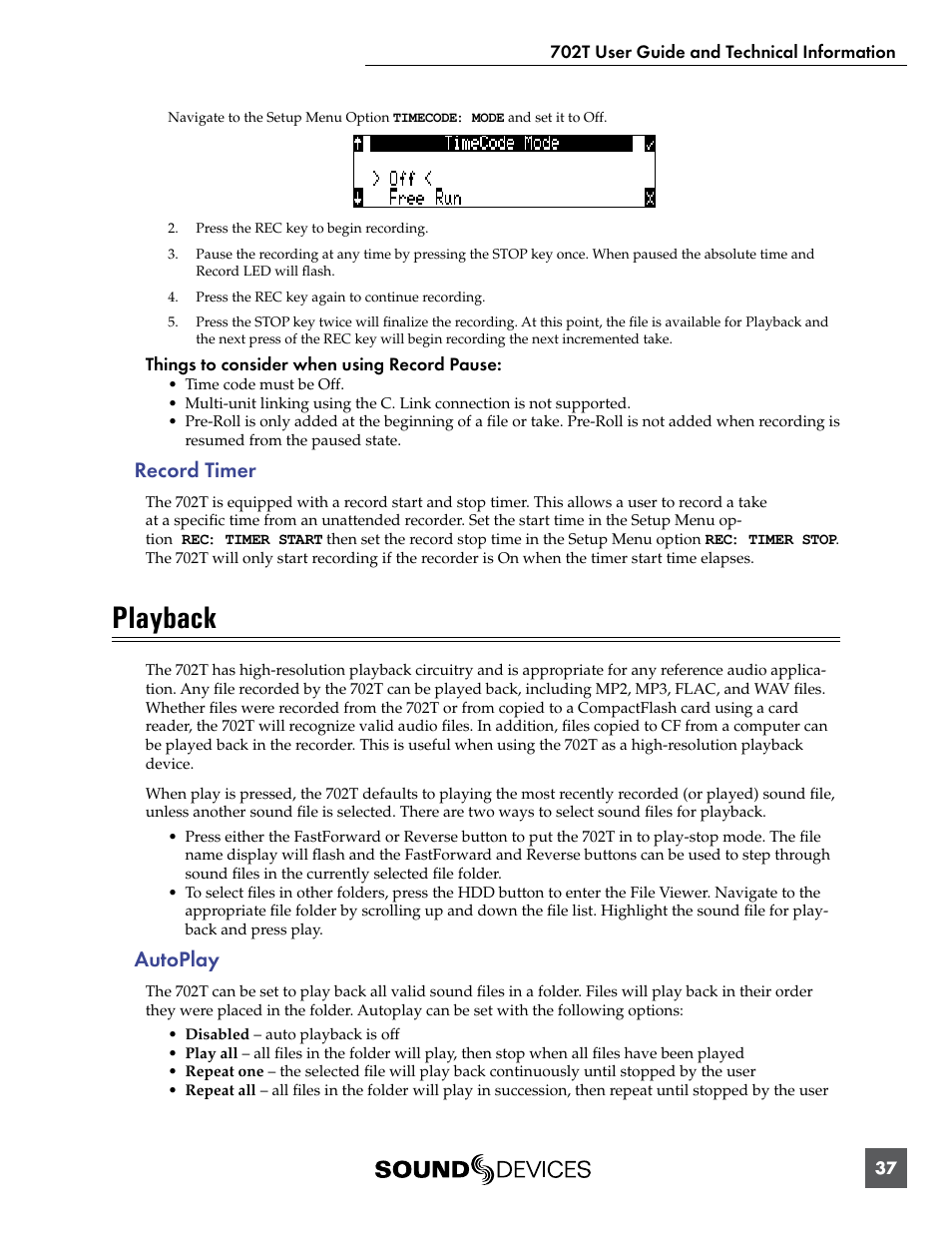 Record timer, Playback, Autoplay | Sound Devices 702T User Manual | Page 39 / 84
