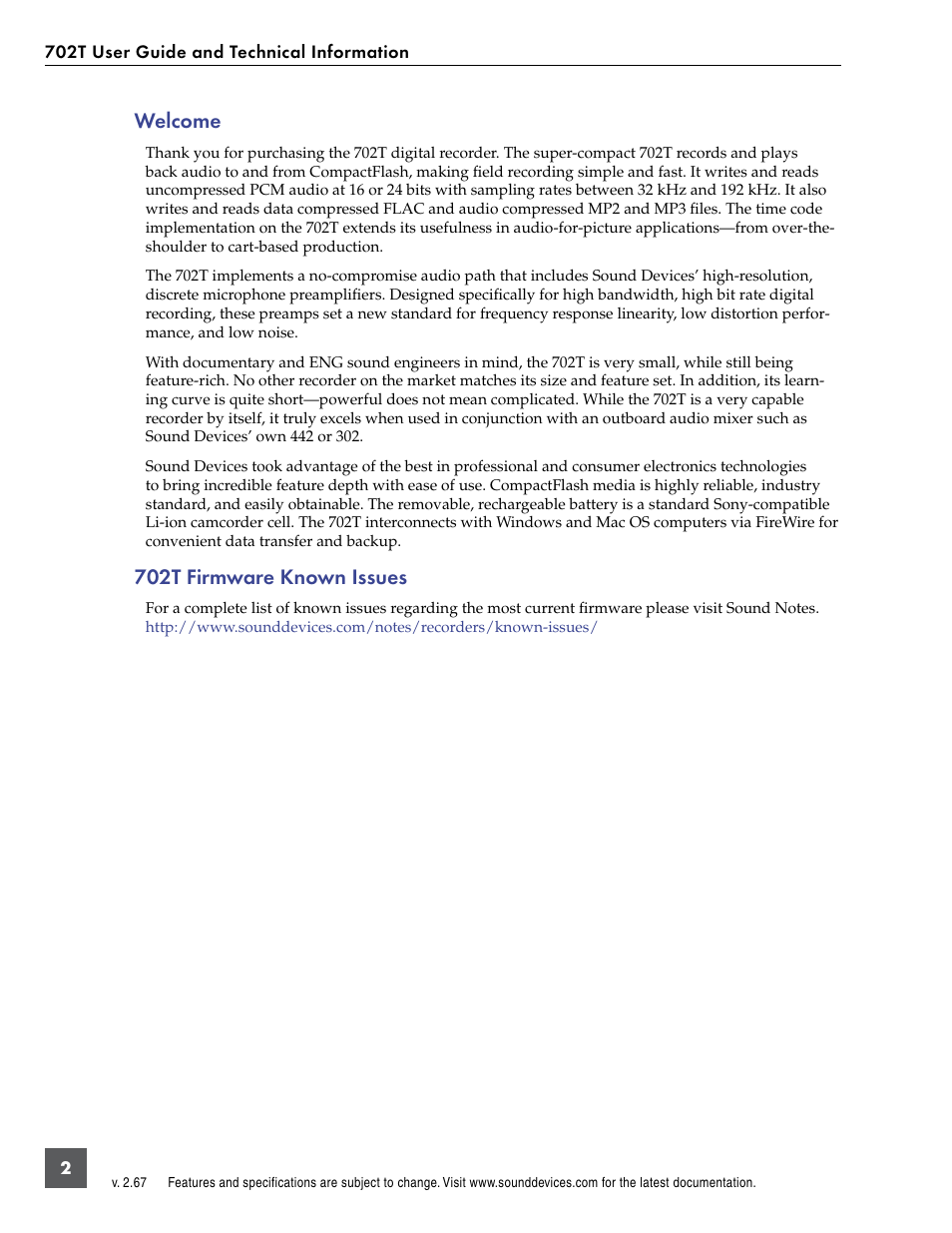 Welcome, 702t firmware known issues | Sound Devices 702T User Manual | Page 4 / 84