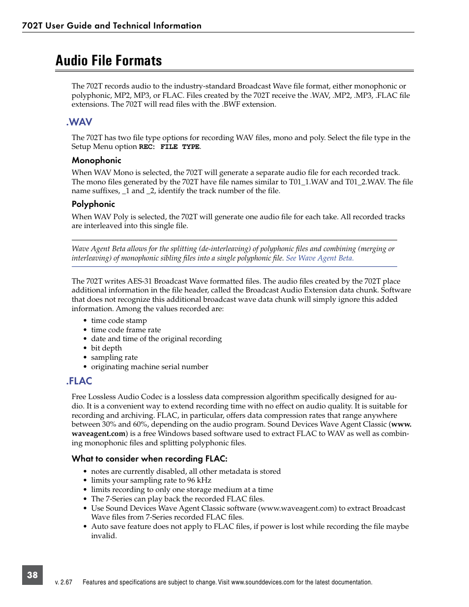 Audio file formats, Flac, Wav .flac | Sound Devices 702T User Manual | Page 40 / 84