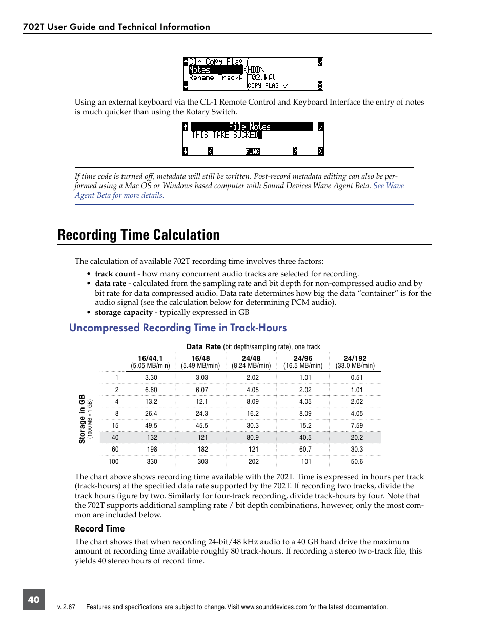 Recording time calculation, Uncompressed recording time in track-hours | Sound Devices 702T User Manual | Page 42 / 84