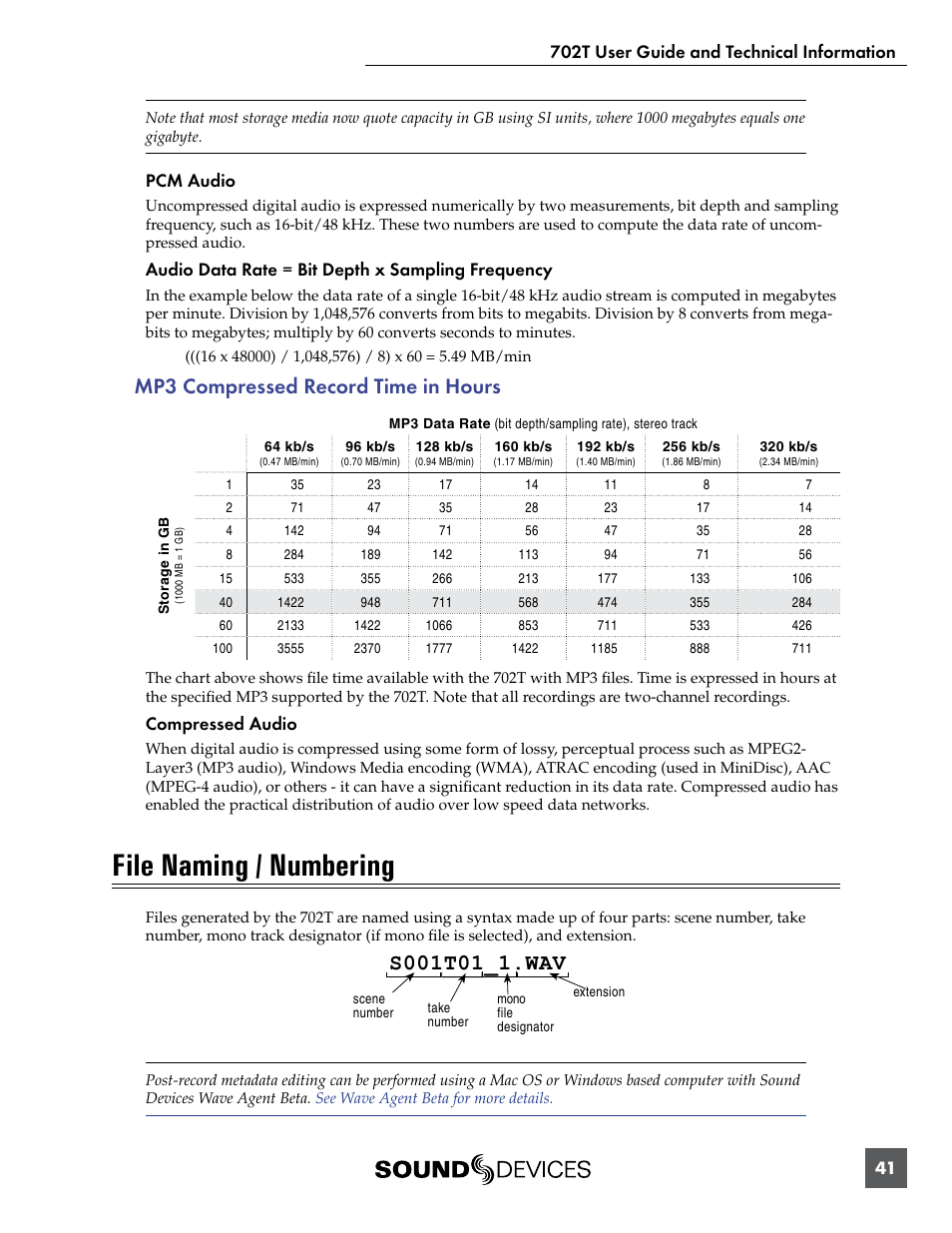 Mp3 compressed record time in hours, File naming / numbering, Pcm audio | Audio data rate = bit depth x sampling frequency, Compressed audio | Sound Devices 702T User Manual | Page 43 / 84