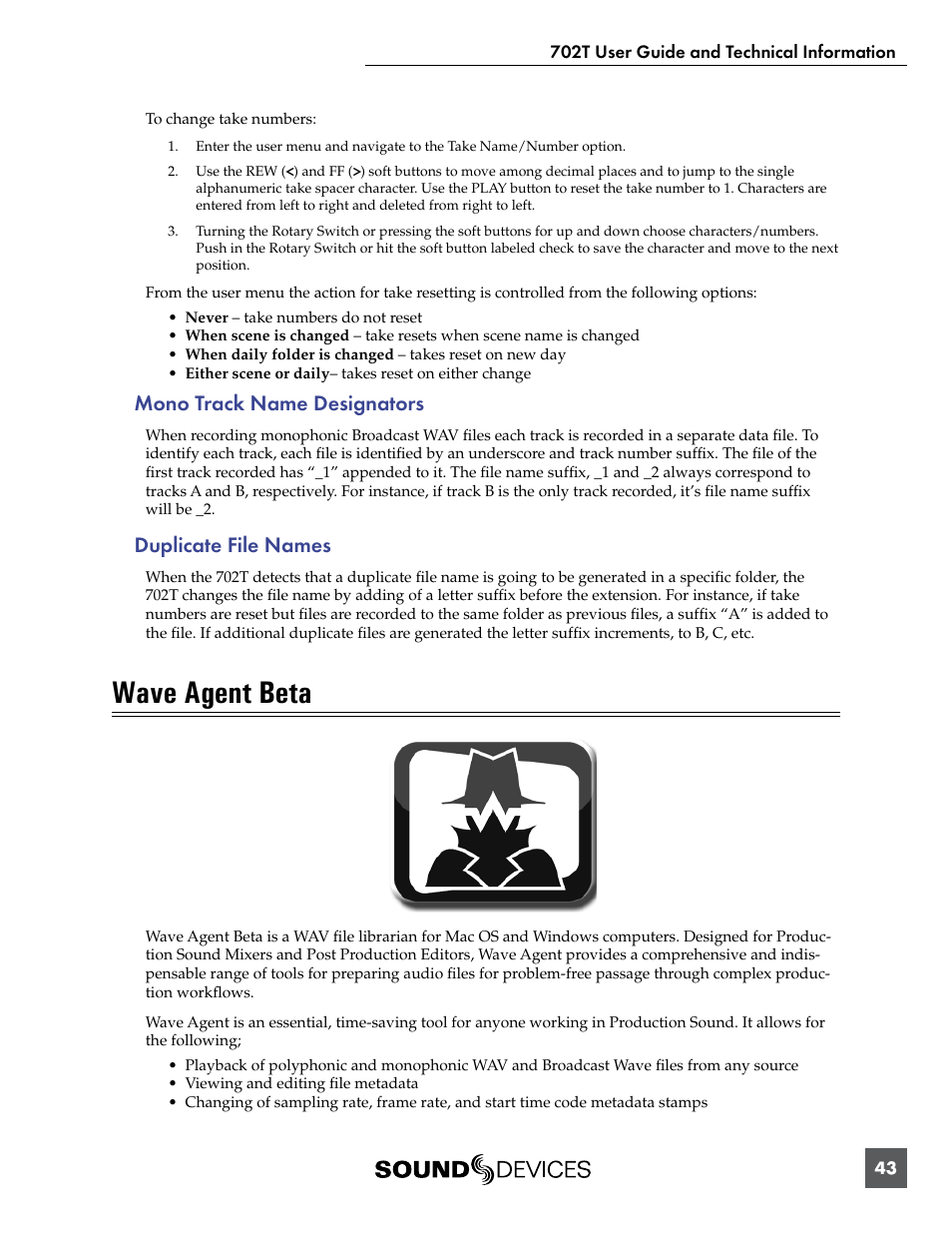Mono track name designators, Duplicate file names, Wave agent beta | Mono track name designators duplicate file names | Sound Devices 702T User Manual | Page 45 / 84