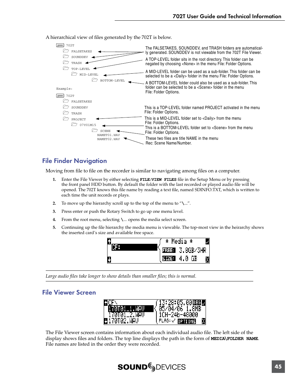 File finder navigation, File viewer screen, File finder navigation file viewer screen | Sound Devices 702T User Manual | Page 47 / 84