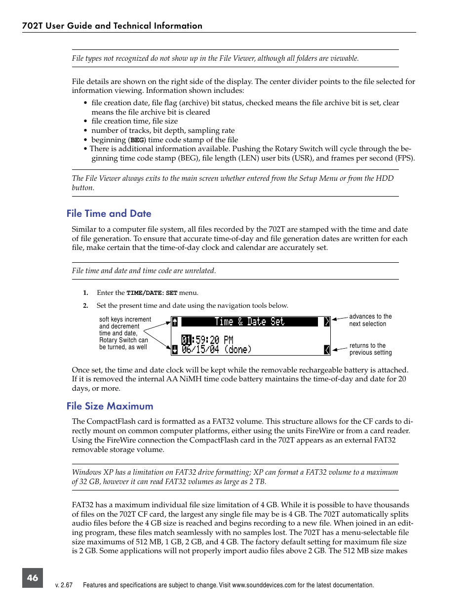 File time and date, File size maximum, File time and date file size maximum | Sound Devices 702T User Manual | Page 48 / 84