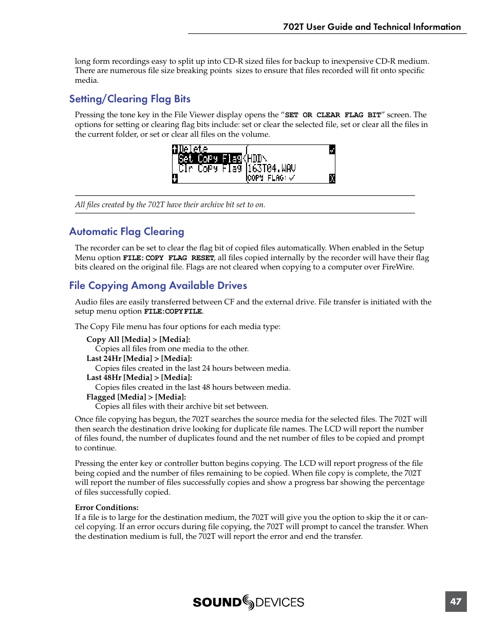 Setting/clearing flag bits, Automatic flag clearing, File copying among available drives | Sound Devices 702T User Manual | Page 49 / 84