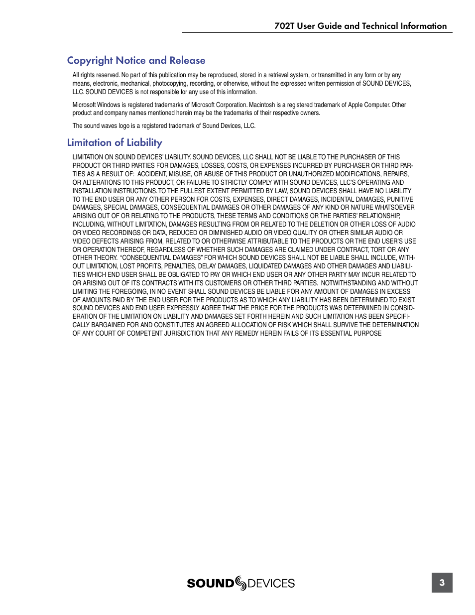 Quick start guide, Powering the unit, Menu navigation basics | Connecting audio sources, Routing inputs to tracks, Copyright notice and release, Limitation of liability | Sound Devices 702T User Manual | Page 5 / 84