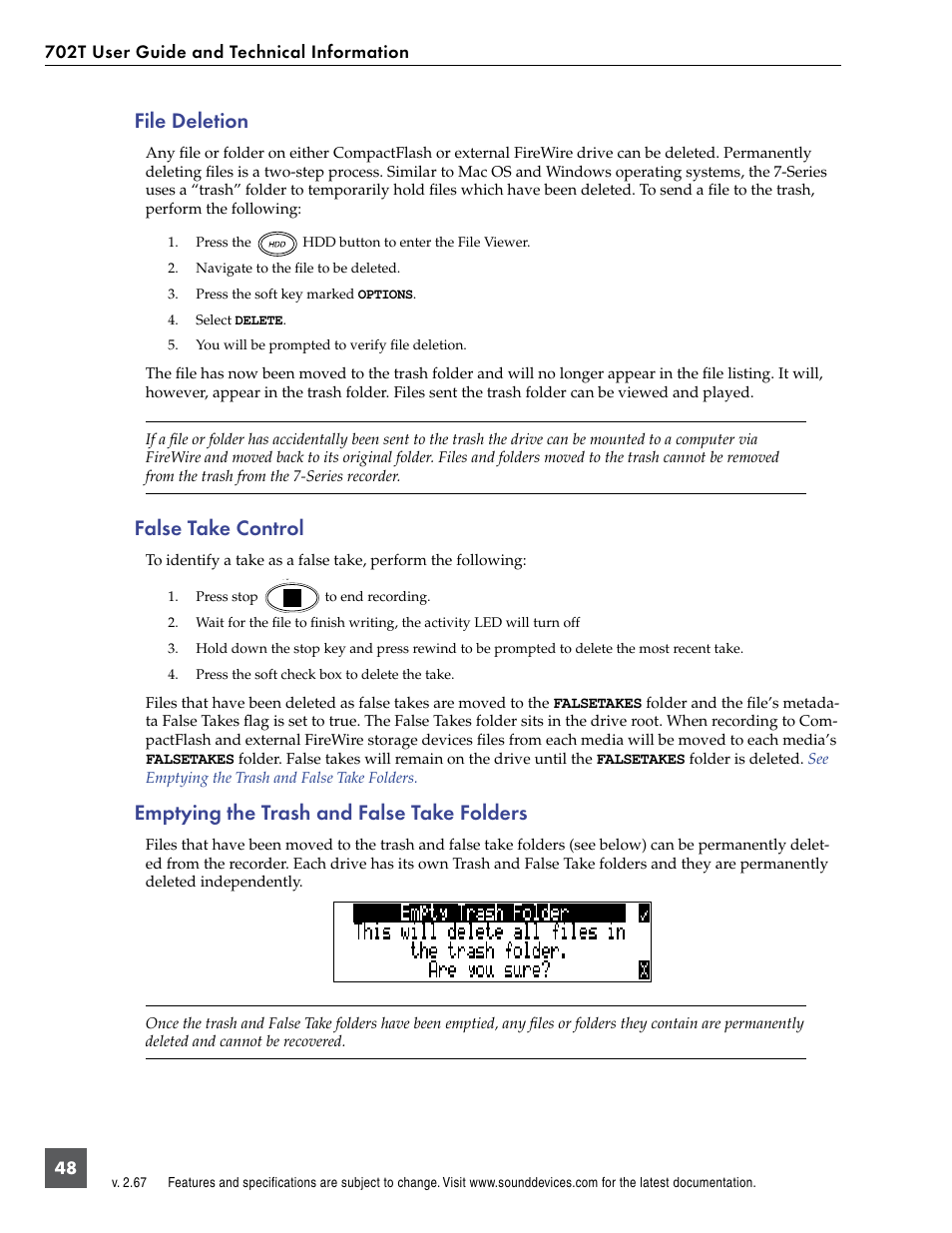File deletion, False take control, Emptying the trash and false take folders | Sound Devices 702T User Manual | Page 50 / 84