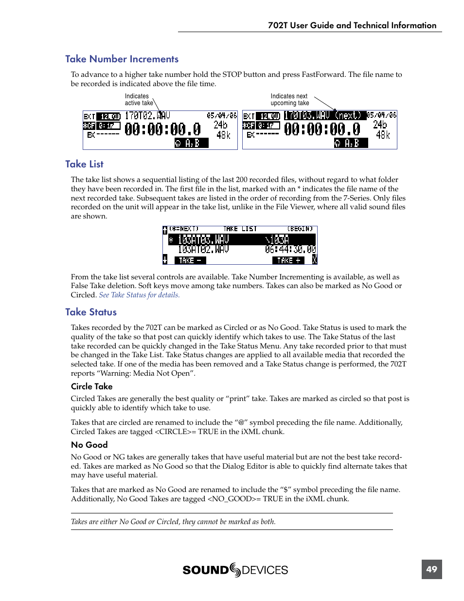 Take number increments, Take list, Take status | Take number increments take list take status | Sound Devices 702T User Manual | Page 51 / 84