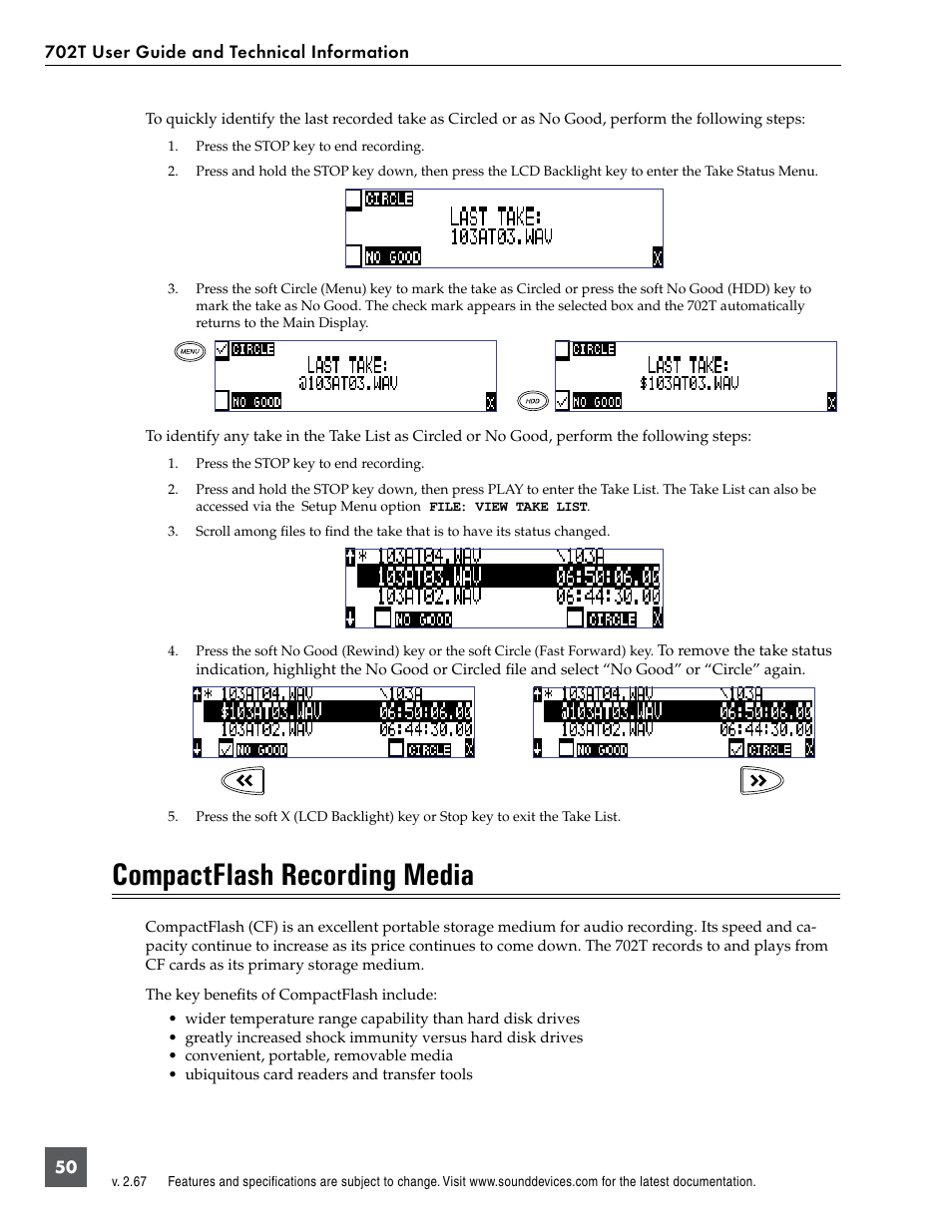 Compactflash recording media | Sound Devices 702T User Manual | Page 52 / 84