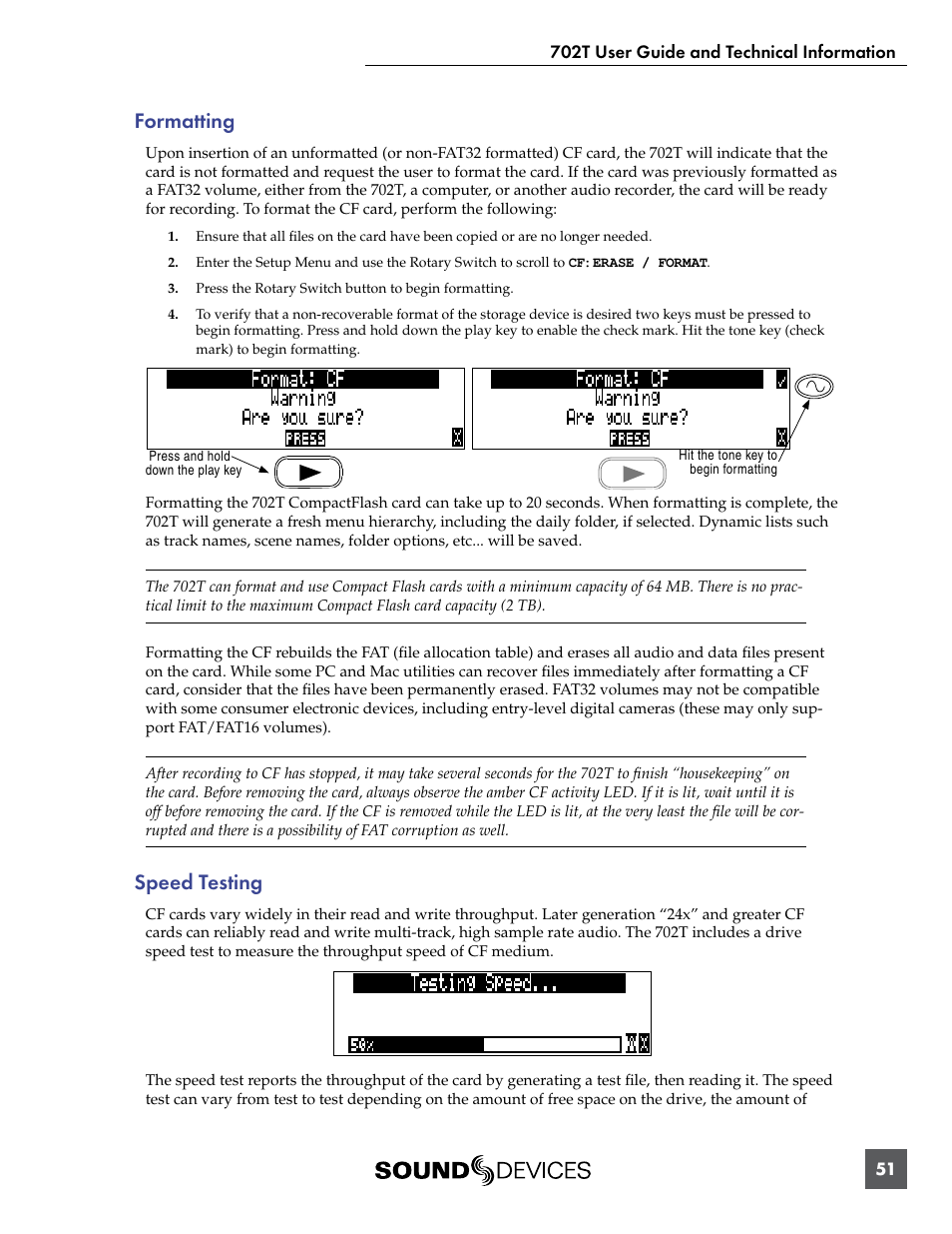 Formatting, Speed testing, Formatting speed testing | Sound Devices 702T User Manual | Page 53 / 84