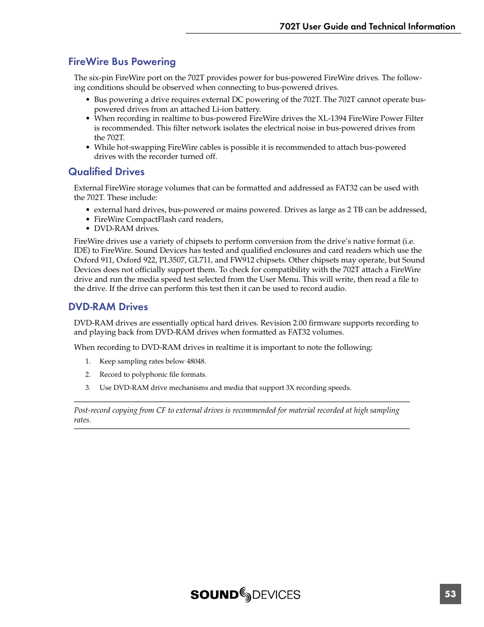 Firewire bus powering, Qualified drives, Dvd-ram drives | Sound Devices 702T User Manual | Page 55 / 84