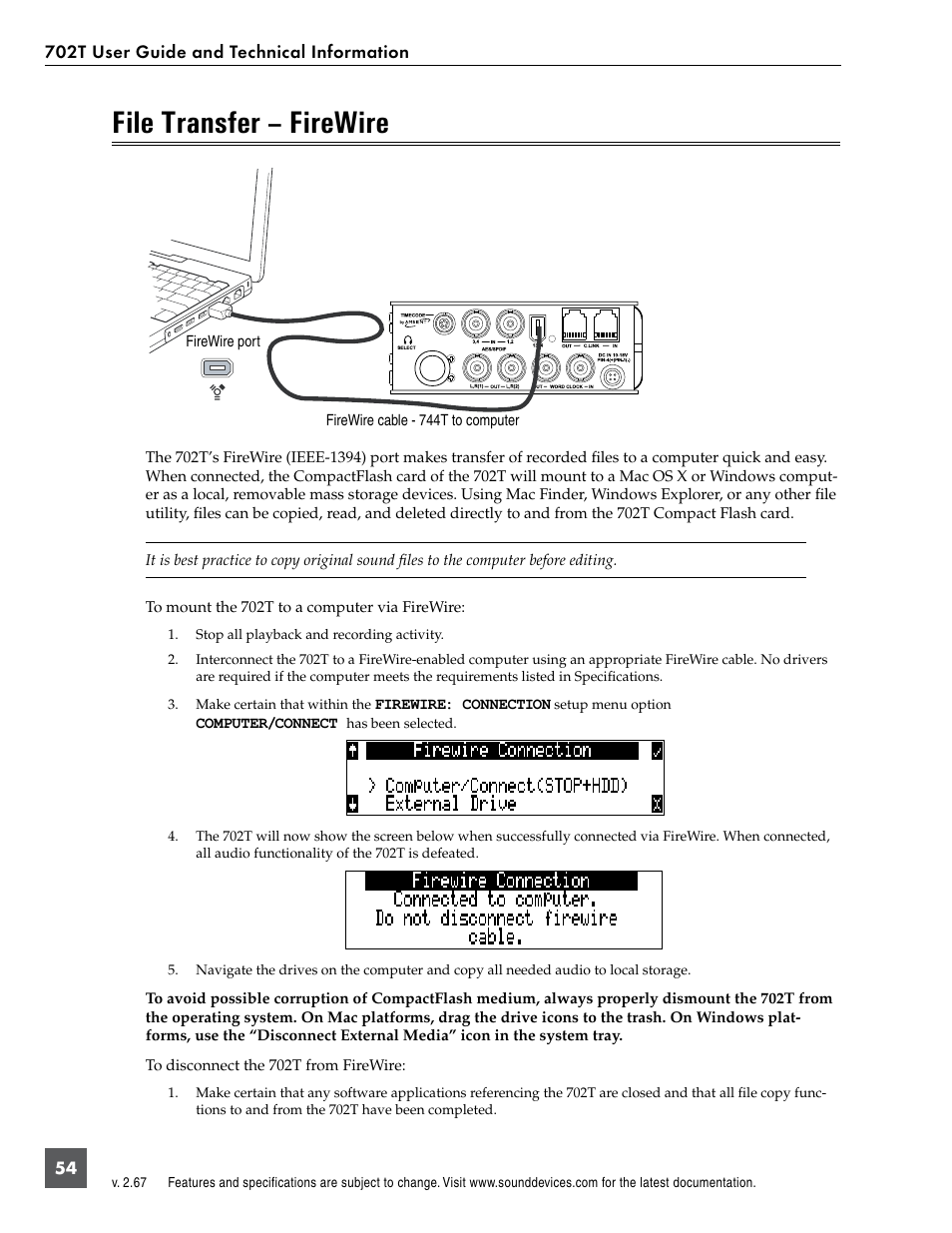 File transfer – firewire | Sound Devices 702T User Manual | Page 56 / 84