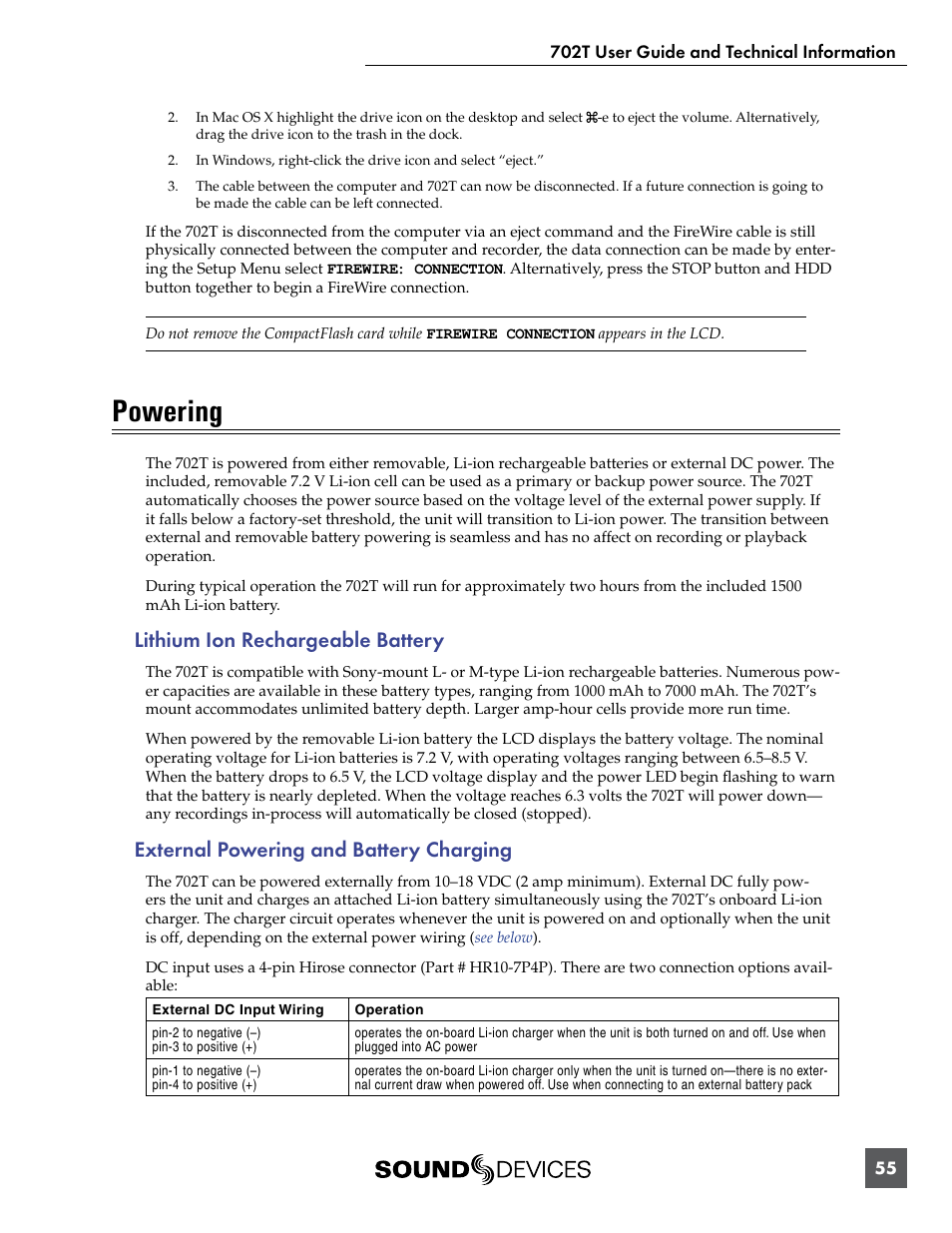 Powering, Lithium ion rechargeable battery, External powering and battery charging | Sound Devices 702T User Manual | Page 57 / 84