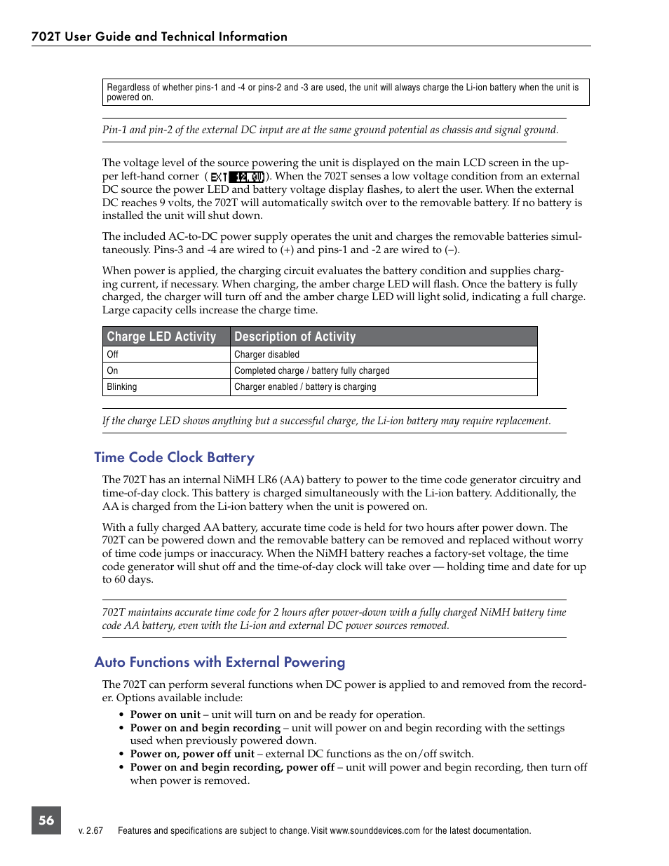 Time code clock battery, Auto functions with external powering | Sound Devices 702T User Manual | Page 58 / 84