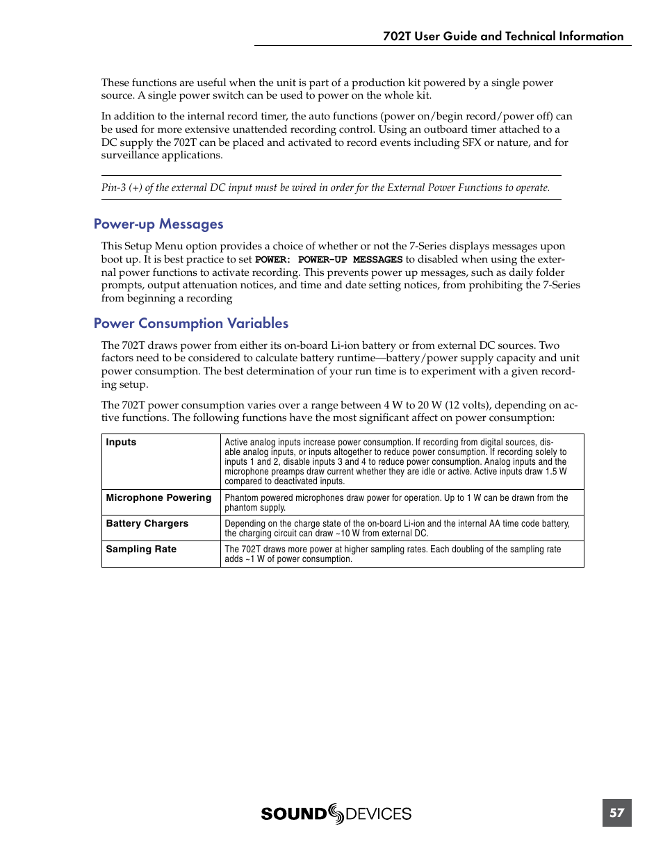 Power-up messages, Power consumption variables, Power-up messages power consumption variables | Sound Devices 702T User Manual | Page 59 / 84