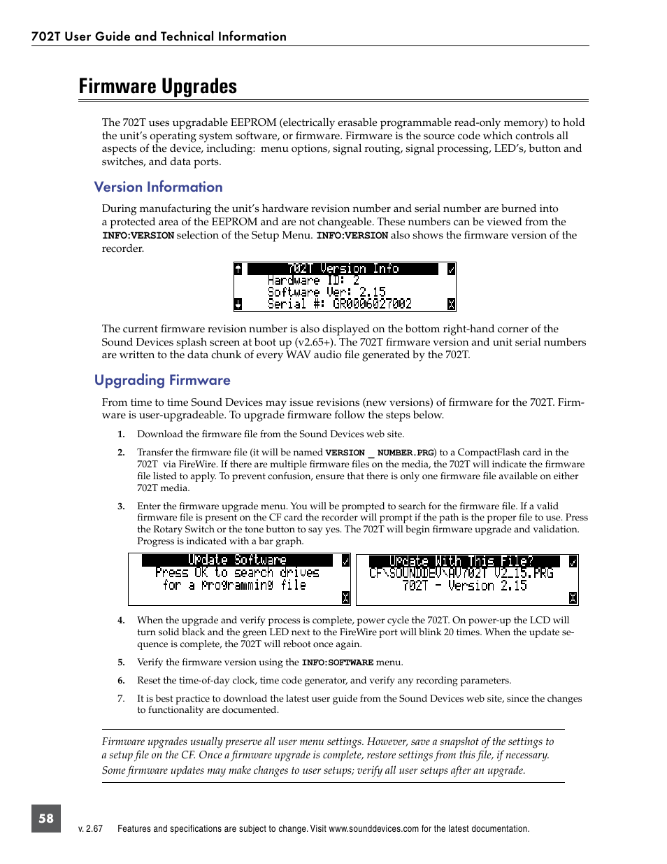 Firmware upgrades, Version information, Upgrading firmware | Version information upgrading firmware | Sound Devices 702T User Manual | Page 60 / 84