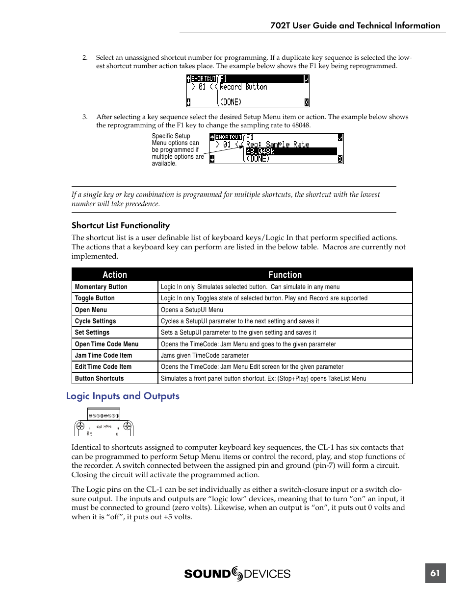 Logic inputs and outputs | Sound Devices 702T User Manual | Page 63 / 84