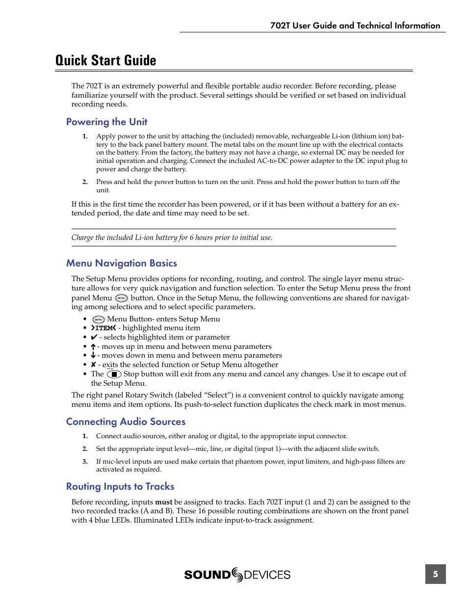 Quick start guide, Powering the unit, Menu navigation basics | Connecting audio sources, Routing inputs to tracks | Sound Devices 702T User Manual | Page 7 / 84