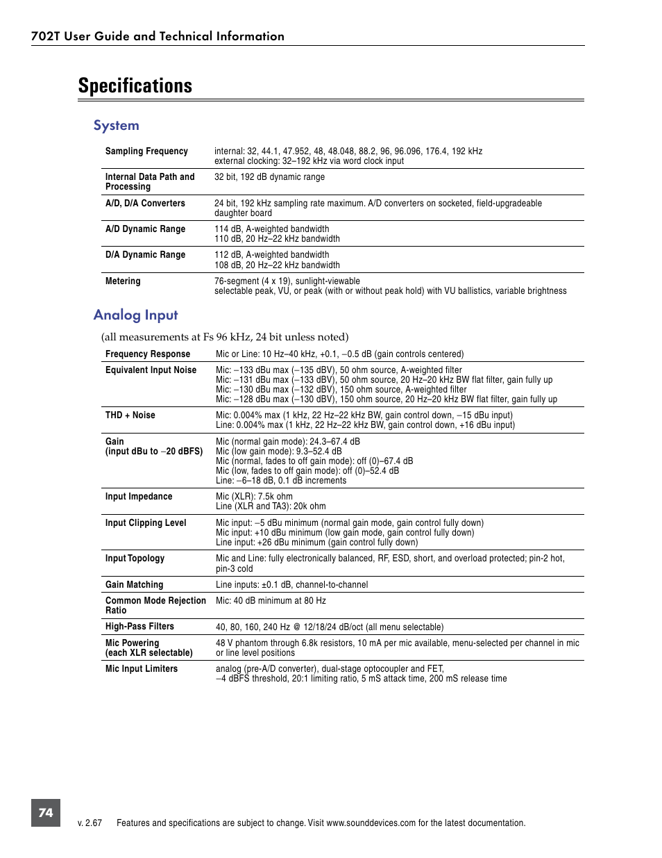 Specifications, System, Analog input | Sound Devices 702T User Manual | Page 76 / 84