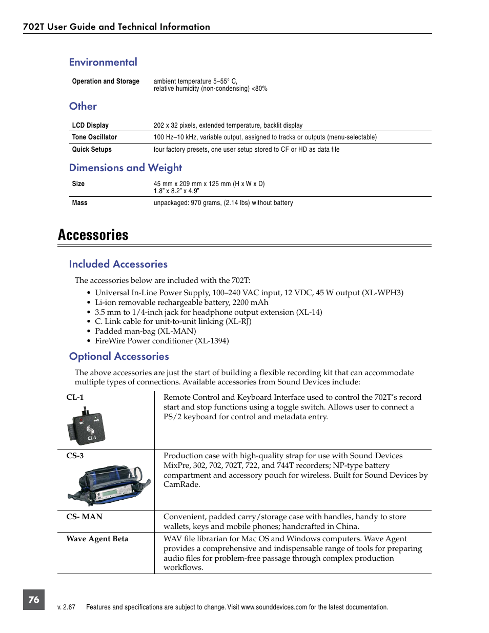 Accessories, Environmental, Other | Dimensions and weight, Included accessories, Optional accessories | Sound Devices 702T User Manual | Page 78 / 84