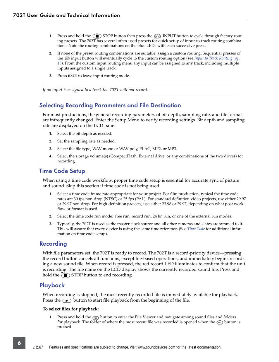 Time code setup, Recording, Playback | Sound Devices 702T User Manual | Page 8 / 84