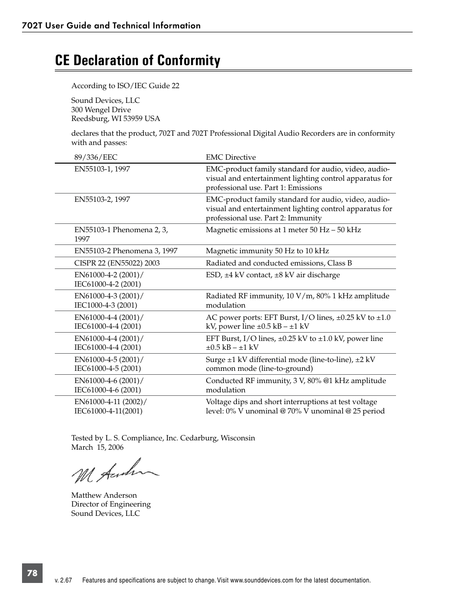 Ce declaration of conformity | Sound Devices 702T User Manual | Page 80 / 84