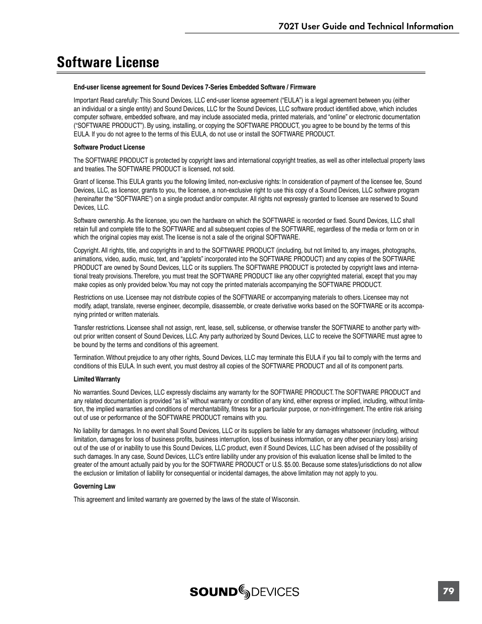 Software license | Sound Devices 702T User Manual | Page 81 / 84