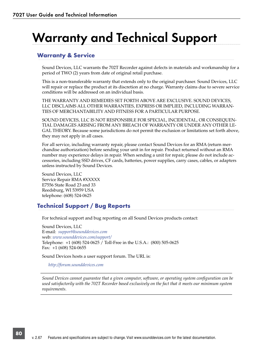 Warranty & service, Warranty and technical support, Technical support / bug reports | Sound Devices 702T User Manual | Page 82 / 84