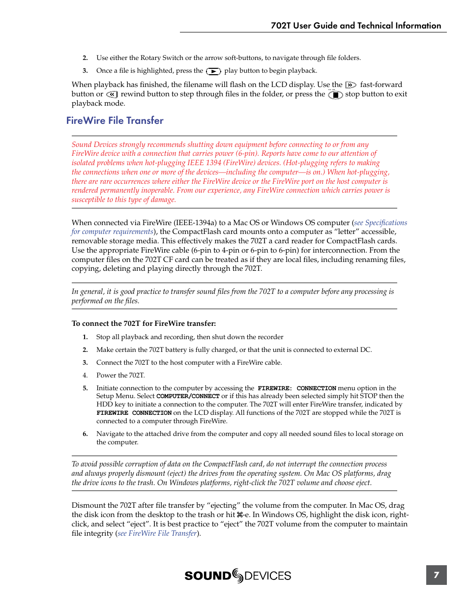 Firewire file transfer | Sound Devices 702T User Manual | Page 9 / 84