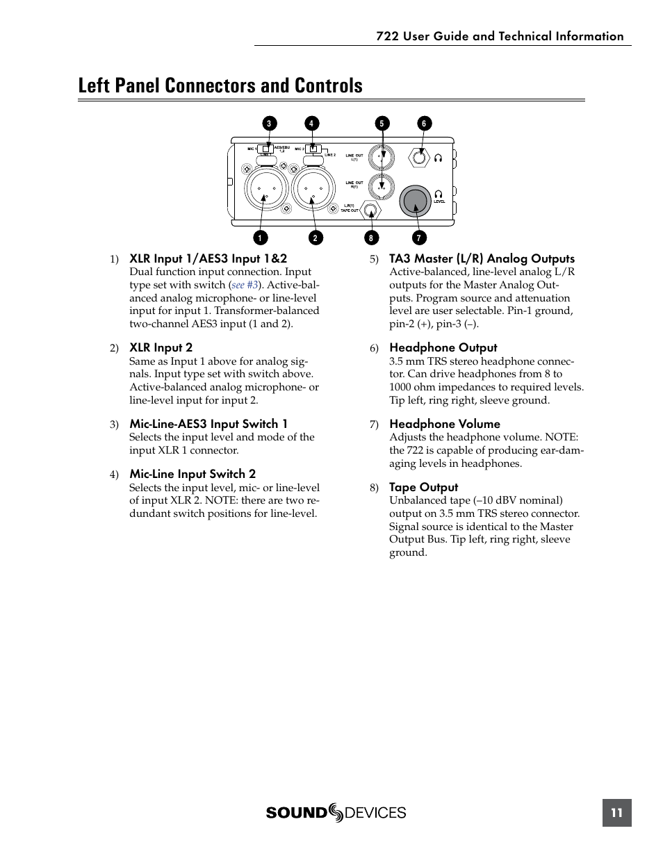 Left panel connectors and controls | Sound Devices 722 User Manual | Page 13 / 80