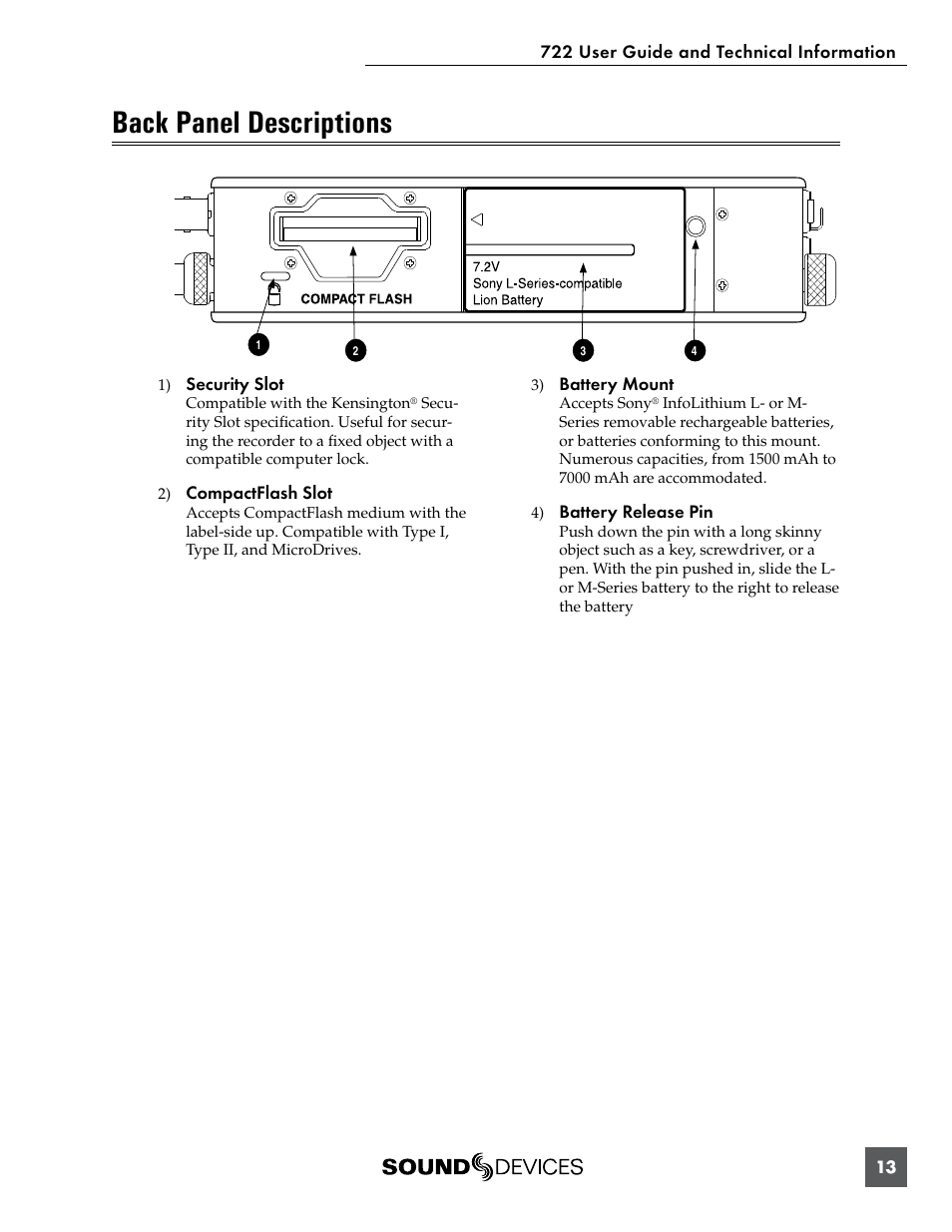 Back panel descriptions | Sound Devices 722 User Manual | Page 15 / 80